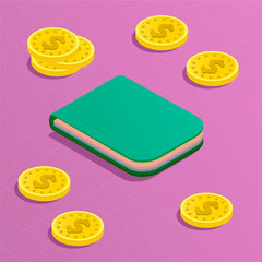 Online wallet isometric concept. scattered coins and payment cards in the green purse. Money. Online payment and banking. Vector isometry illustration