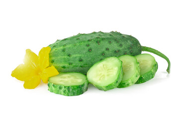 Cucumber and slices isolated on white background