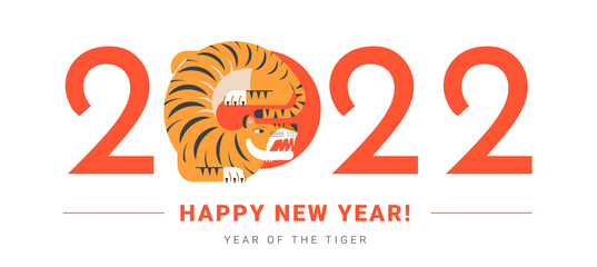 Obraz premium Happy new year 2022 typography with numbers.Holiday celebration design for horizontal banner, greeting card, poster, calendar.Chinese symbol of the year concept. Year of Tiger flat vector illustration