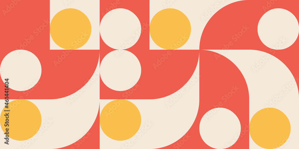 Poster Modern vector abstract  geometric background with circles, rectangles and squares  in retro scandinavian style. Pastel colored simple shapes graphic pattern. Abstract mosaic artwork.