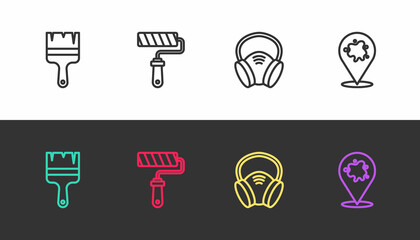 Set line Paint brush, roller, Gas mask and spray on black and white. Vector