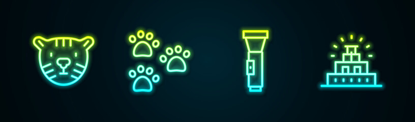 Set line Tiger head, Paw print, Flashlight and Chichen Itza Mayan. Glowing neon icon. Vector