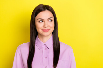 Fototapeta premium Photo of cute brown hairdo young lady look empty space wear purple shirt isolated on yellow color background