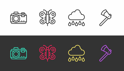 Set line Photo camera, Butterfly, Cloud with rain and Wooden axe on black and white. Vector