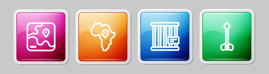 Set line Africa safari map, Map of, Animal cage and Arrow. Colorful square button. Vector