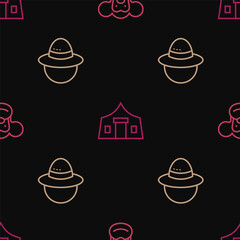 Set line Monkey, Camping hat and Tourist tent on seamless pattern. Vector