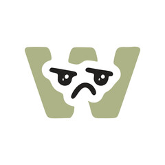 Letter w kawaii character with sad face, vector clipart