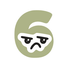 Number 6 kawaii character with sad face, vector clipart