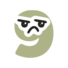 Fototapeta premium Number 9 kawaii character with sad face, vector clipart