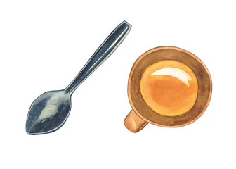 Clay cup and teaspoon isolated on white background. Watercolor hand drawing illustration. Tableware element for design.
