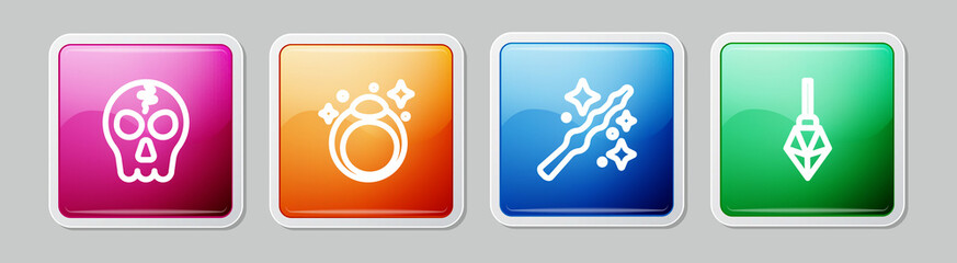 Set line Skull, Magic stone ring, wand and . Colorful square button. Vector