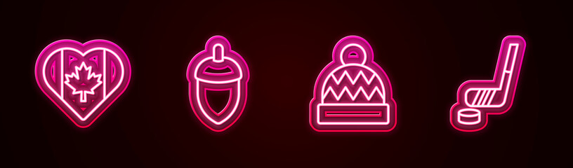 Set line Heart shaped Canada flag, Acorn, Beanie hat and Ice hockey stick and puck. Glowing neon icon. Vector