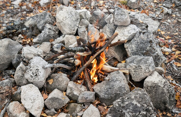 The campfire is located in the stones to protect it from the wind in nature, in the forest. Selective focus.