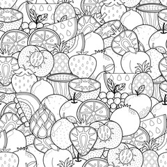 Doodle fruits seamless pattern for coloring book. Food coloring page. Black and white background with strawberry, dragon fruit, peach, etc. Vector illustration