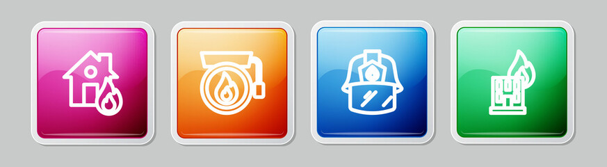 Set line Fire in burning house, Ringing alarm bell, Firefighter helmet and building. Colorful square button. Vector