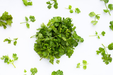 Naklejka premium Fresh coriander leaves on white background.