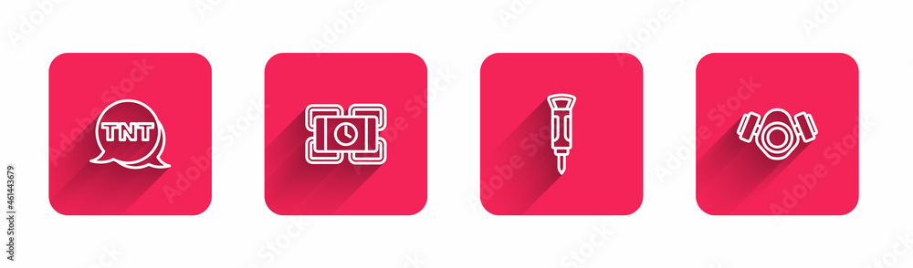 Poster set line dynamite, construction jackhammer and gas mask with long shadow. red square button. vector