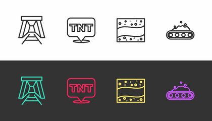 Set line Mine entrance, Dynamite, Gold mine and Conveyor belt carrying coal on black and white. Vector