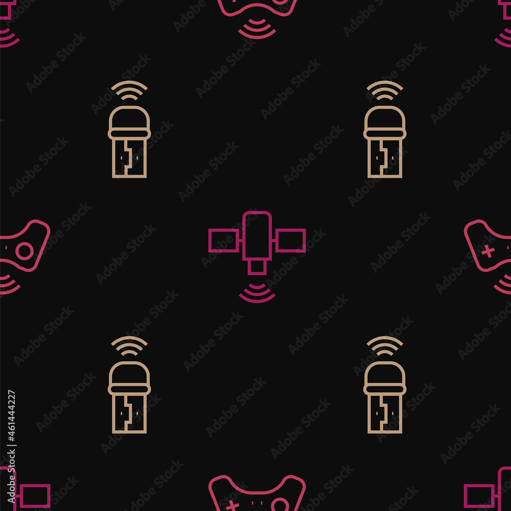 Poster set line wireless gamepad, usb wireless adapter and satellite on seamless pattern. vector