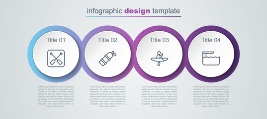 Set line Paddle, Aqualung, Kayak and paddle and Diving board or springboard. Business infographic template. Vector