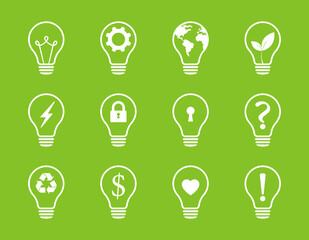 Lamp icons set. Idea lamp icon collection. Flat style on a green background.