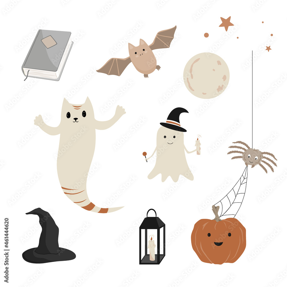 Wall mural Halloween icons set. Cute ghosts, magic book, witch hat, full moon, and crazy pumpkin with a spider. Halloween characters collection in nursery style