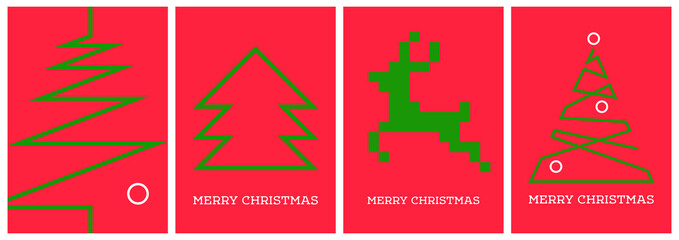 vector set of ultra minimalist cards for Christmas and New Year. very stylized Christmas tree and deer in festive colors. less is more. elements are isolated. useful for postcards, logo, design, print