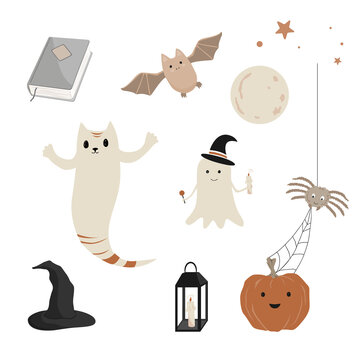 Halloween icons set. Cute ghosts, magic book, witch hat, full moon, and crazy pumpkin with a spider. Halloween characters collection in nursery style