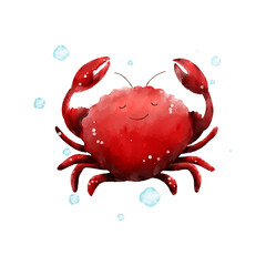 Watercolor cute sea crab with water bubbles isolated on white background. Vector illustration of underwater ocean animal for kids design and print