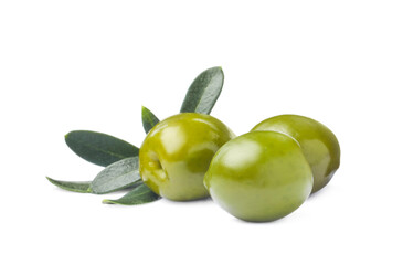 Delicious fresh green olives with leaves on white background