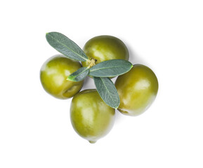 Delicious fresh green olives with leaves on white background, top view