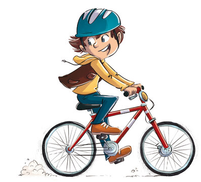 Illustration of boy running on bicycle with helmet