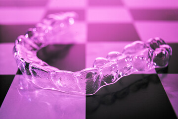 Invisible dental braces lie on a checkerboard. Plastic braces dentistry retainers to straighten teeth.