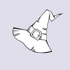 Magic Halloween hat as design element. Hand drawn sketch style. Magic accessories for Halloween. Line art. Vector illustration isolated on colourful background.