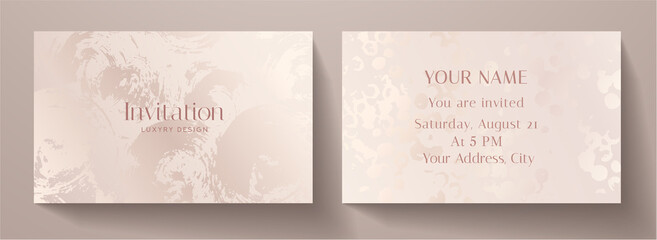 Invitation card with luxury abstract paint texture. Pink gold premium background template for invite design, prestigious Gift card, voucher or luxe name card - obrazy, fototapety, plakaty