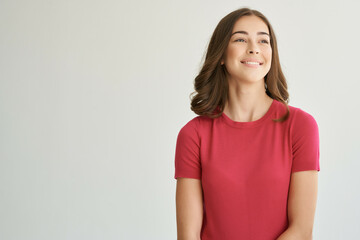 Obraz premium cheerful woman in a red t-shirt hair care isolated background