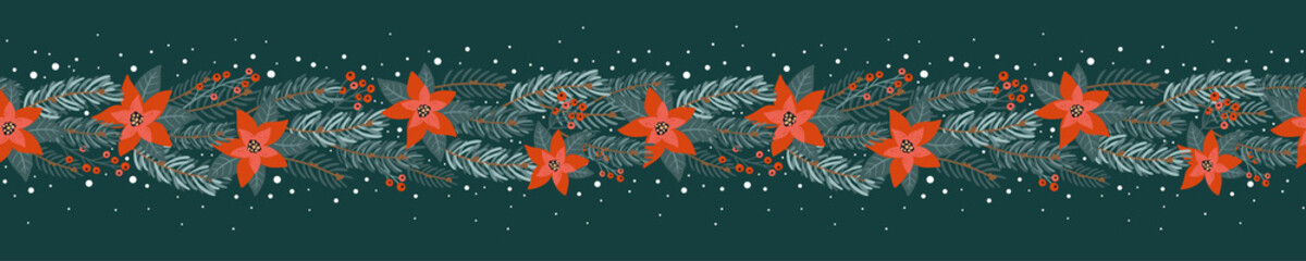 Cute hand drawn seamless Christmas garland with fir and flowers, repeat border, great for cards, invitations, textiles, banners, wallpapers - vector design