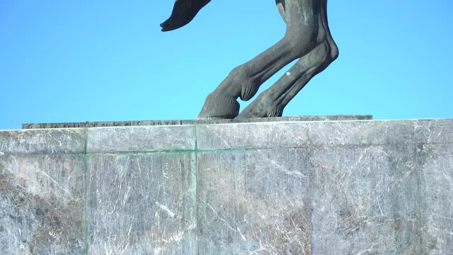 Slow tilt, close up of Alexander the Great statue in Macedonia, Greece.