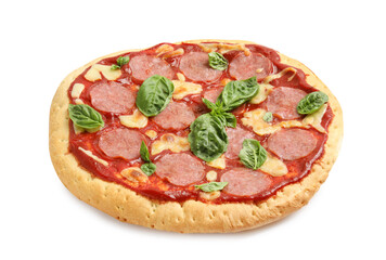 Pita pizza with pepperoni, cheese and basil isolated on white