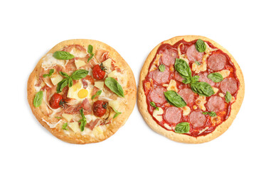 Delicious pita pizzas on white background, top view