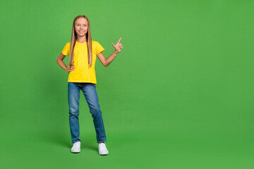 Full length body size view of attractive cheerful girl showing copy blank space ad isolated over bright green color background