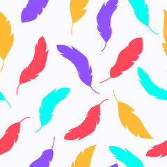 Colorful feathers seamless pattern. Silhouettes of bright feathers are a beautiful background. Vector illustration in boho style with bird feathers. Modern design for office, textiles, packaging.