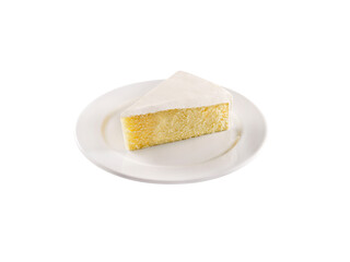 Creamy vanilla cake slice on white plate