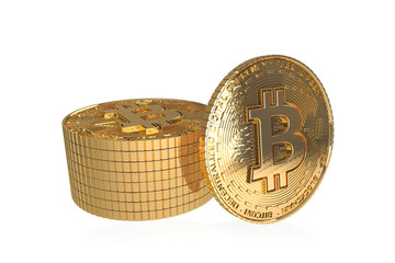 Bitcoin gold coin on white background, virtual cryptocurrency, 3d illustration