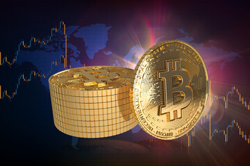 Bitcoin Gold Coin on graphic background, virtual cryptocurrency, 3d illustration