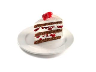 chocolate and berry layered cake on white plate 