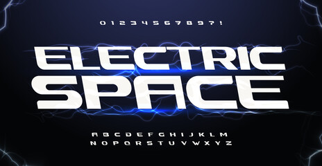 Electric space typeset. Flash lightning font for hud interface letters, VR game, cinema and music cover headline or logo, auto and science typography. Bold italic alphabet, vector typographic design