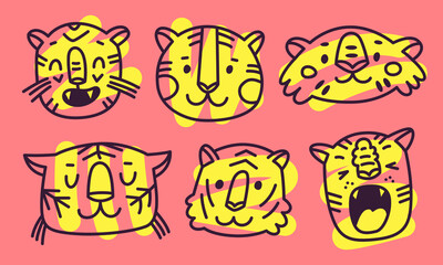 Cartoon illustration with heads of wild cats. Vector icons with tigers