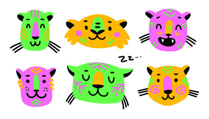 Cartoon illustration with heads of wild cats. Vector icons with colored tigers