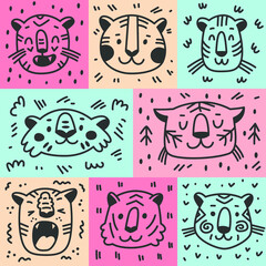 Vector linear faces of cats on colored squares. Doodle illustration with simple elements